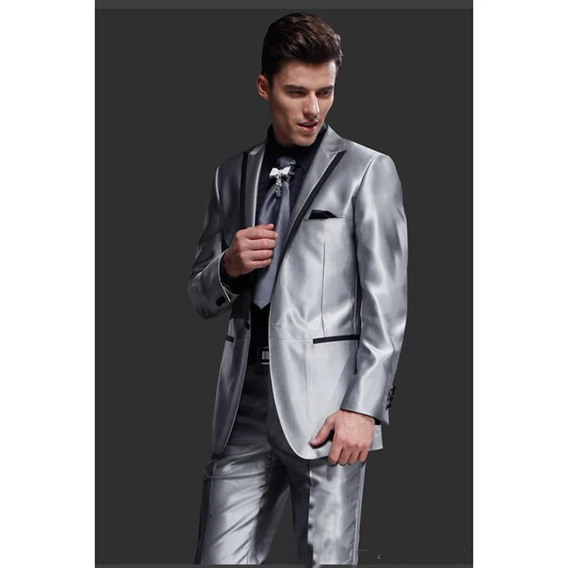 New Shiny Sliver Gray Mens Wedding Suits For Men Peaked Lapel New Shiny Sliver Gray Mens Wedding Suits For Men Peaked Lapel Groom Tuxedos Two Piece Prom