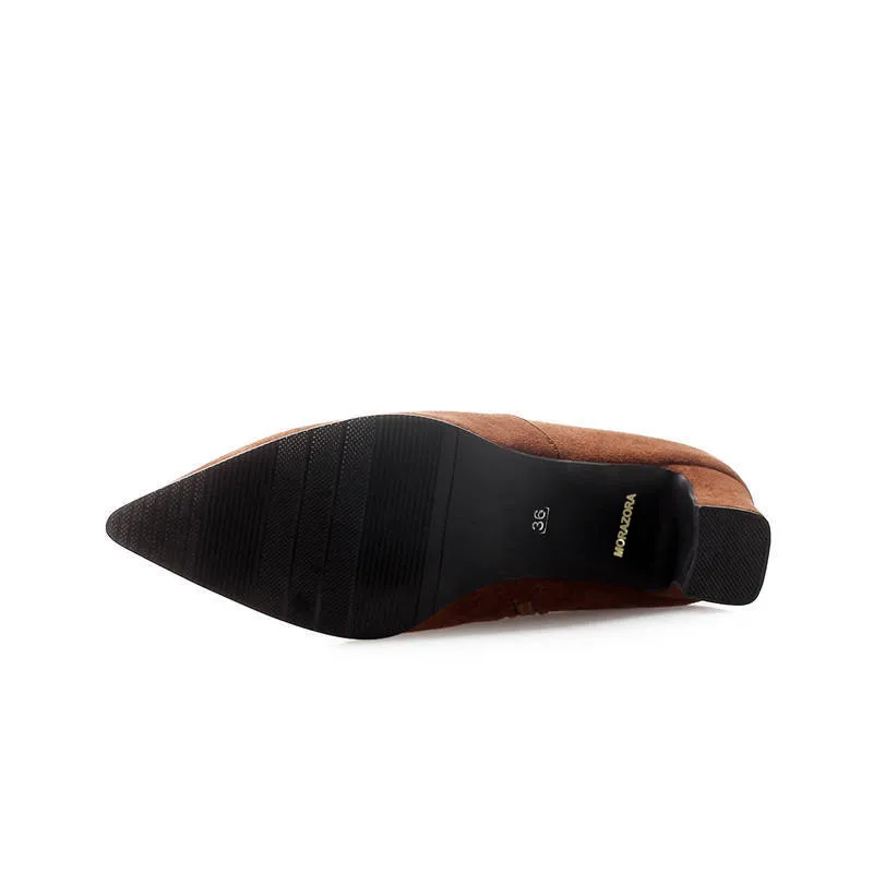 MORAZORA/2018 г. Большие размеры 33-48 Сапоги выше колена женская обувь из флока с острым носком ботинки с высоким голенищем Обувь на высоком