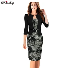 Oxiuly Oxiuly One-piece Faux Jacket Brief Elegant Patterns Work dress Office Bodycon Female 3/4 Sleeve Sheath Dress