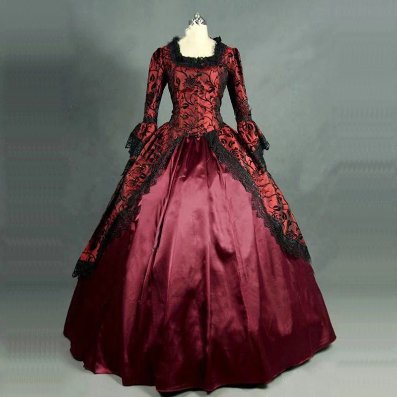 

Can be Custom 2018 Red Floral Print Lace Gothic Victorian historical Dresses Halloween Masquerade Party Ball Gowns Clothing