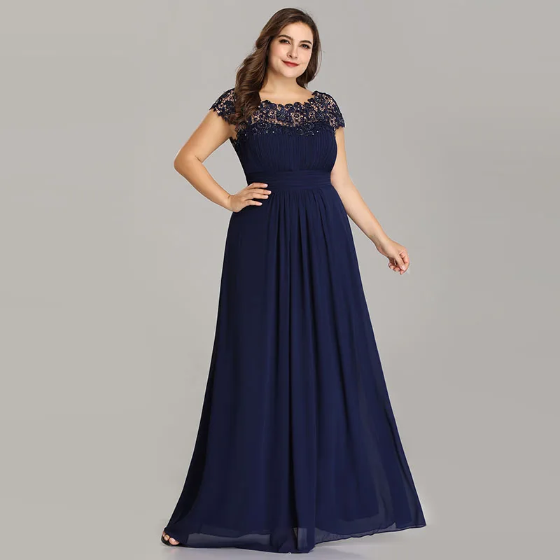 Длинные платья для выпускного вечера Ever Pretty EP09993 темно-зеленого размера плюс с кружевной аппликацией и О-образным вырезом А-силуэта темно-синего цвета для женщин вечернее платье - Цвет: Navy Blue