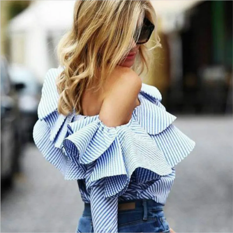 

Sexy Blue striped large lotus Shirts Ruffles Blouse Slash-Neck irregular Big swing Shoulder Long-sleeved Oblique collar Tops