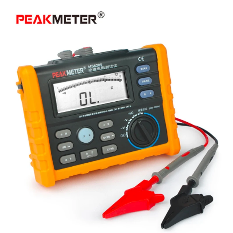 PEAKMETER MS5205 цифровой измеритель сопротивления изоляции 0,01-100 г Ом 250 V-2500 V тестер Аналоговый Мегаомметр