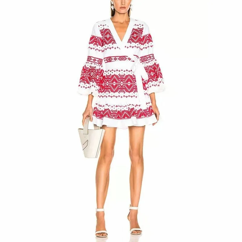 

2019 New Arrival Summer Noble Woman Mini Dress High Waist Floral Print Flare Sleeve Woman Short Dress Beach Party Dress Vestidos