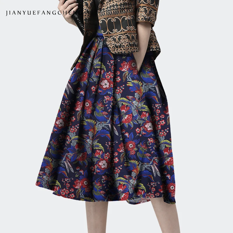 

Casual High Waist Pleated Skirts Women Plus Size 2018 Spring Autumn A Line Floral Print Skirt Mid-Calf Jupe Women Clothing