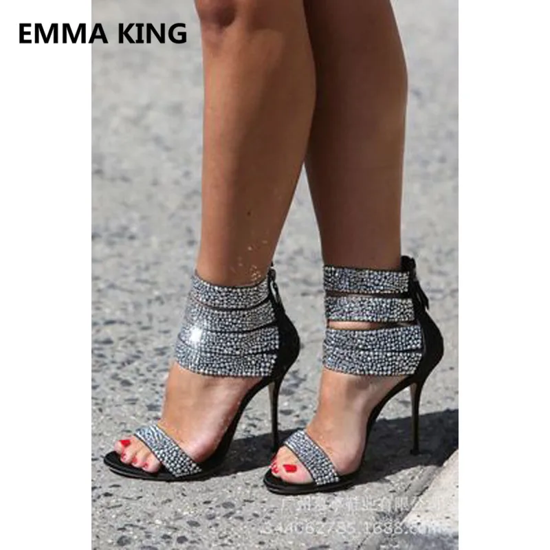 

2019 Full Crystal Women Gladiator Sandals Open Toe Hollow Sexy High Heels Ladies Runway Summer Shoes Woman Black Roman Sandals