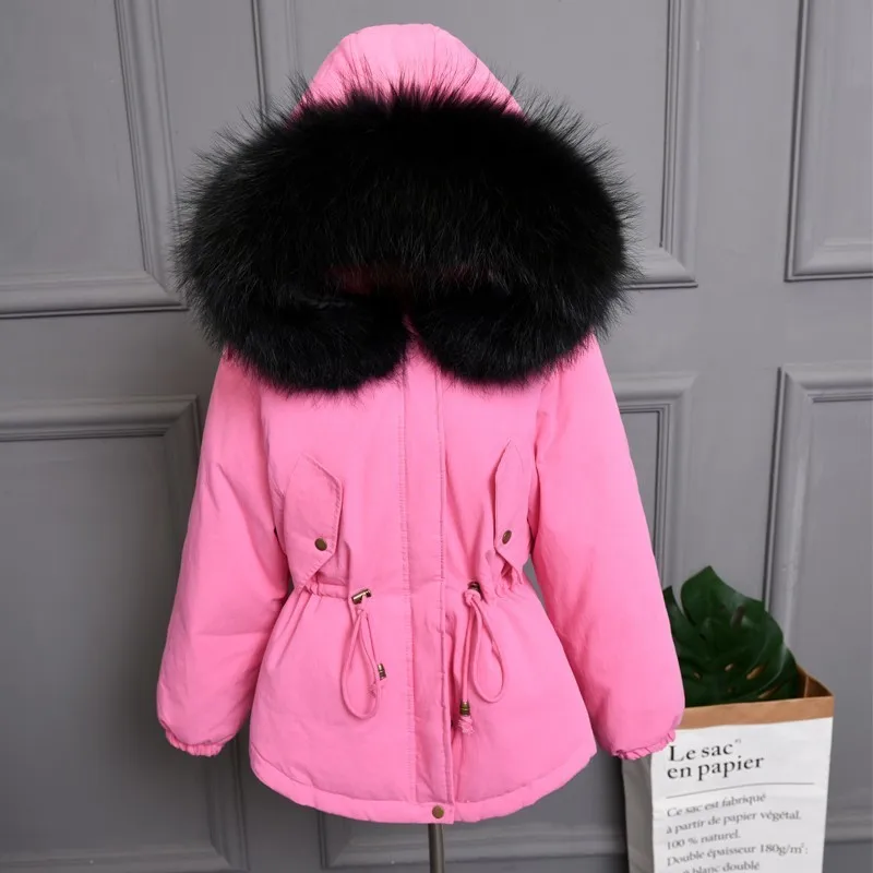 Plus size Natural Fur White Duck Down Winter Coat women's jacket with hood Thicken Warm women's down Parka chaqueta mujer YRE05 - Цвет: Pink black