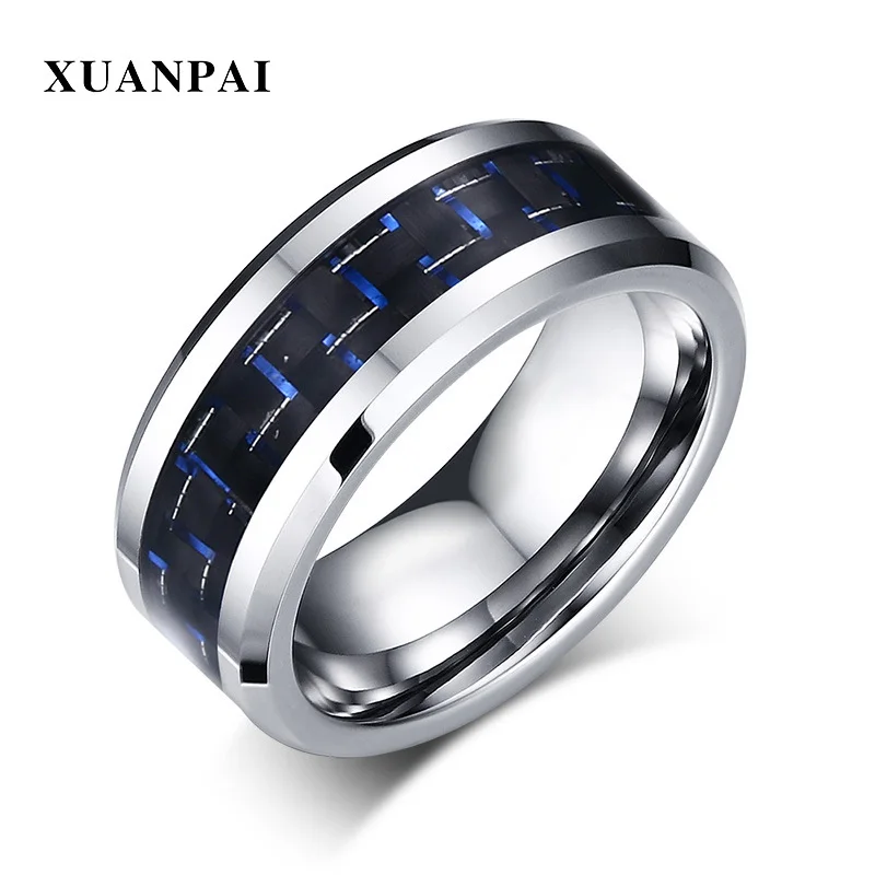XUANPAI Blue Carbon Fiber Men Rings Tungsten Carbide Engagement Band Comfort Fit 8mm Anel Jewelry For Male | Украшения и
