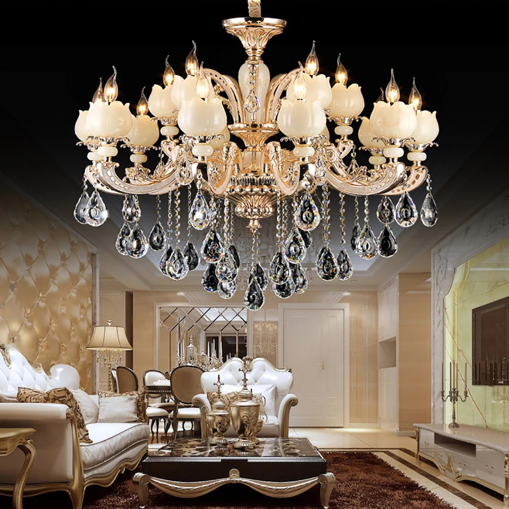

Modern K9 Crystal zinc alloy jade Chandelier Led E14 gold color Chandeliers 15 lights Dinning Room Crystal Living Room Lamp
