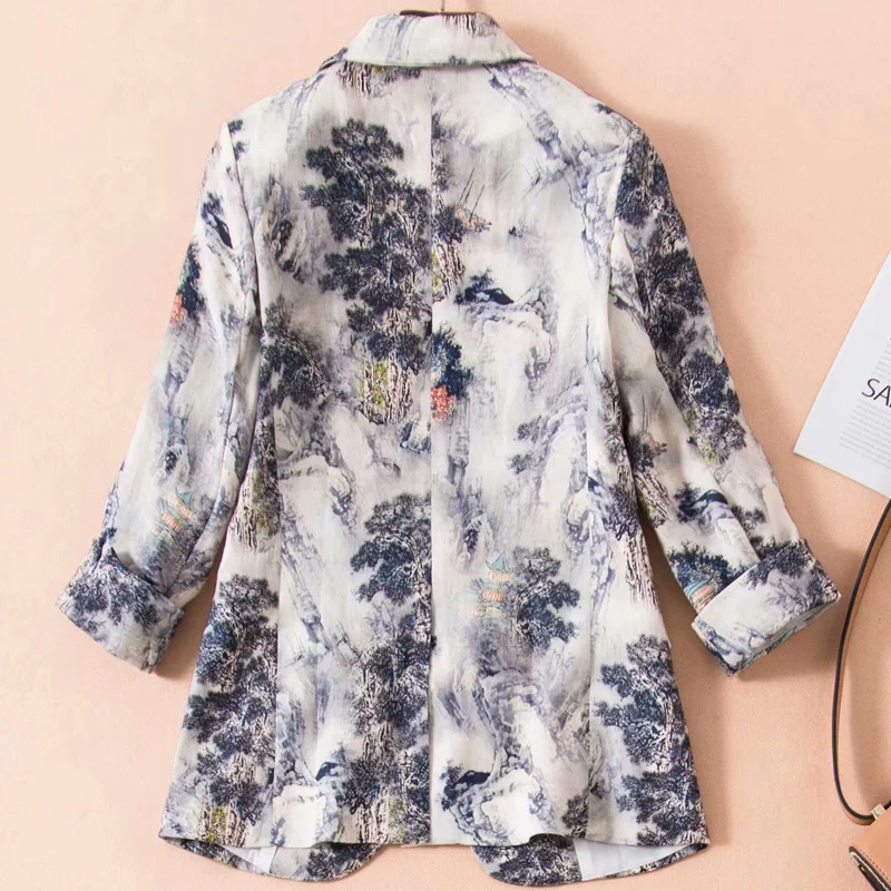 60% OFF SEQINYY Short Jacket 2020 Summer Spring New Fashion Design 3/4 Sleeve Ink Forest Printed Thin Casual  Women Linen Blazer