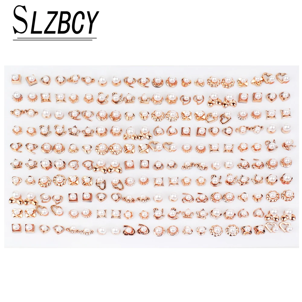

100pairs/set Rhinestone Crystal Heart Small Stud Earrings Sets Mixed Style Crown Flower Pearl Earring For Women Jewelry Gifts