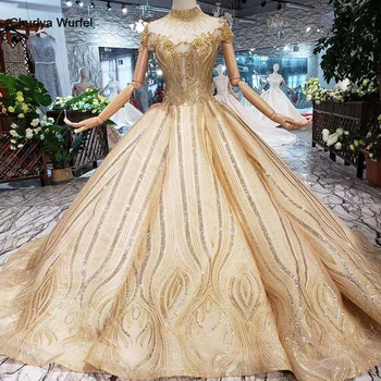 

LSS501 luxury prom dresses 2020 brush train high neck short sleeves open back shiny evening dresses with golden lace sweep train