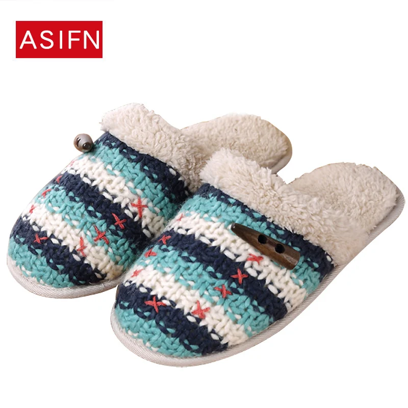 

Winter Warm Women Fur Home Slippers Couple Knitting Wool Plush Warm House Slippers Indoor Outdoor Shoes Women Zapatillas Mujer