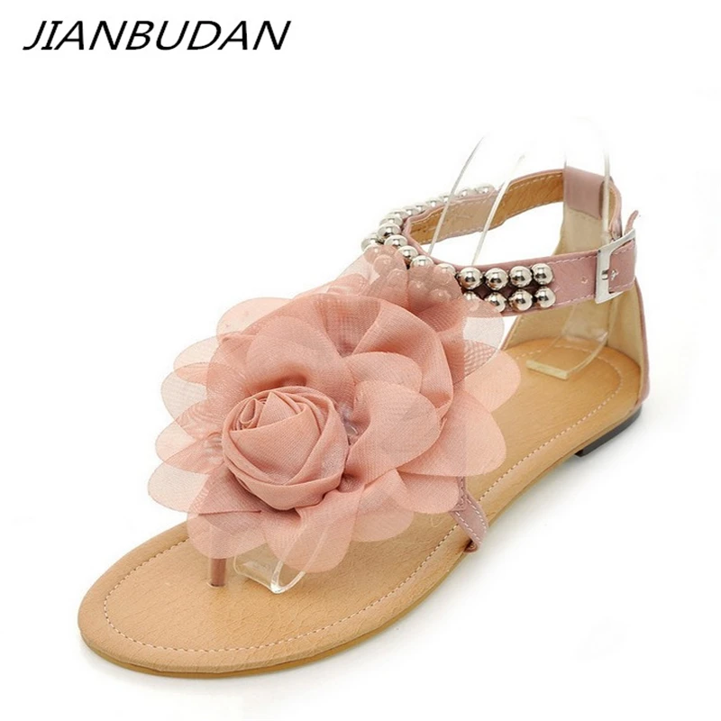 

JIANBUDAN Flat fashion flower sandals Ankle clasp women's casual sandals Open Toe Flat heel Large size comfortable sandals 34-43