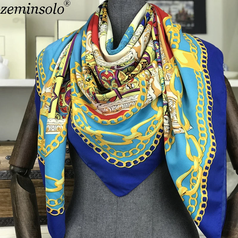 

2018 Luxury Brand 100% Silk Scarf Women Chain Print Neck Wraps Echarpe Bandana Square Female Twill Scarves Shawl Hijab 130*130cm