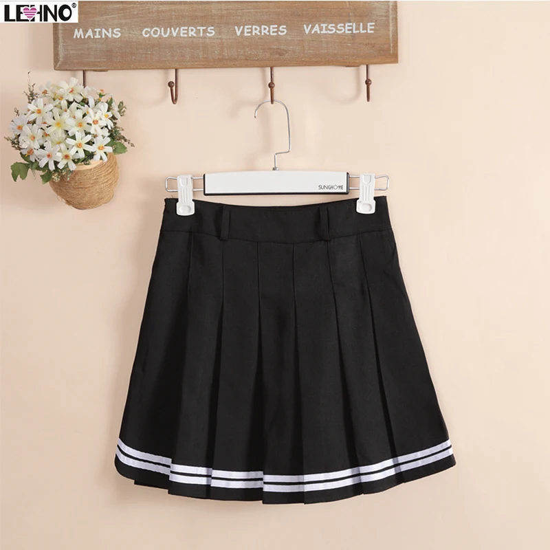 Japan fashion Preppy Style Black Skirts Hem with White Striped Women