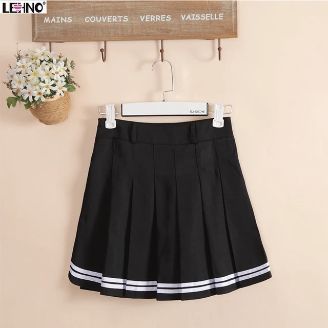 Japan Fashion Preppy Style Black Skirts Hem With White Striped Women 