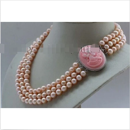 

Free Shipping 17-18-19" 3Rows Genuine Natural 8mm Pink Round Pearl Necklace Cameo #f2387!Noble style Natural Fine jewe