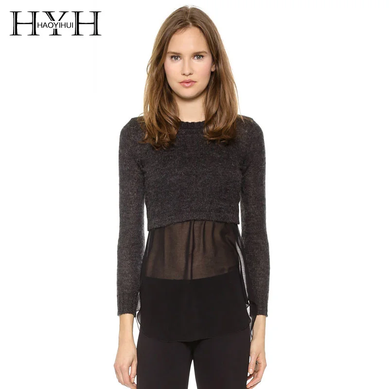HYH HAOYIHUI 2018Autumn  Fashion sexy Solid Black Chiffon Contrast Women Sweater Female O-Neck Patchwork Casual Pullovers lady 