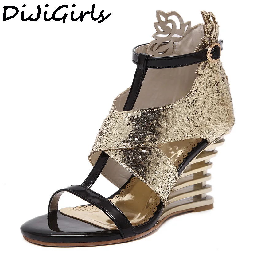 

DiJiGirls Summer Women Sandals Mixed Color Bling Sequined High Wedge Heel Open Toe Wedding Shoes Woman Cut Out T-Strap Sandals