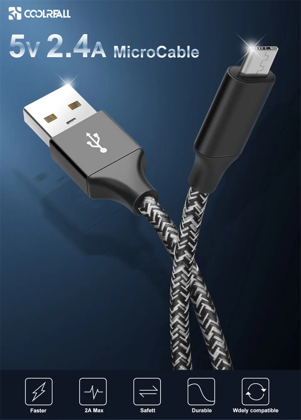 Coolreall Micro USB кабель 2.4A Быстрый кабель синхронизации данных и зарядки для samsung huawei Xiaomi быстрое зарядное устройство мобильного телефона USB кабель