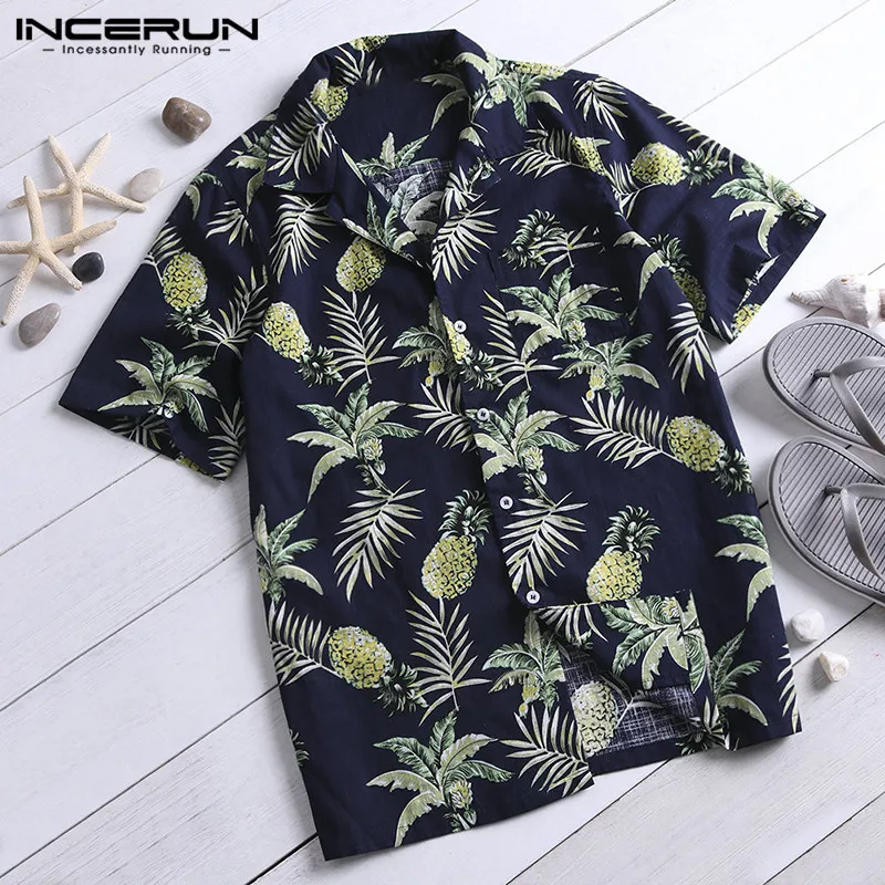 INCERUN, мужская повседневная рубашка с принтом, короткий рукав, хлопок, уличная одежда, для отдыха, пляж, Гавайские рубашки, Мужская блузка, camisa masculina 5XL - Цвет: Blue Shirt