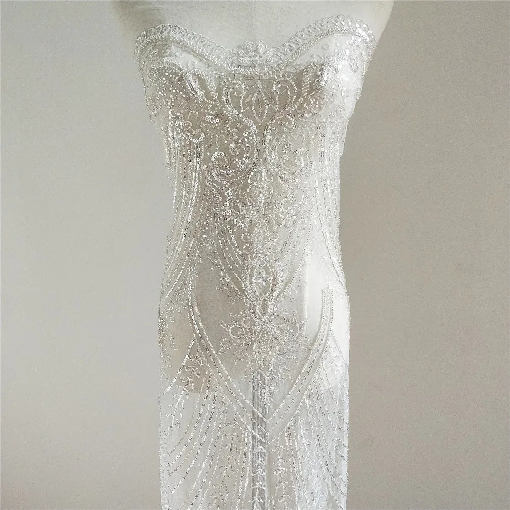 

Ivory-white Wedding Dress Lace Fabric soft Mesh Sequins Bead Embroidered Lace Fabric DIY Material Width 130cm 1yard