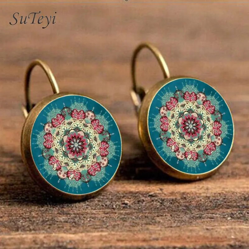 

SUTEYI Charms DIY Mandala Glass Earrings Jewellery Om Symbol Zen Buddhism Rhinestone Earrings For Women Lotus Flower Earring