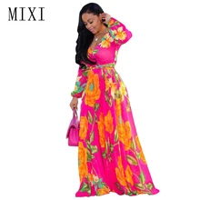 Микси Boho печатных шифоновое длинное платье Для женщин длинный рукав V шеи Пояса Вечеринка летние платья Винтаж свободные Пляжное Платье Макси