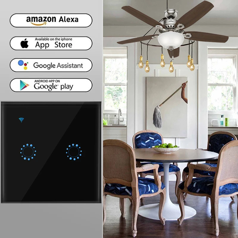 90 В-250 В, стандарт Великобритании/ЕС, сенсорный Умный переключатель, панель, настенный выключатель, 2 комплекта, wifi, светильник, переключатель, работает с Alexa Google Home, таймер