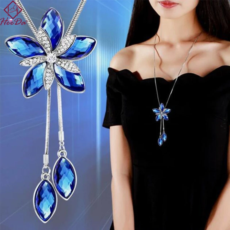 

Heeda Blue Graceful Crystal Flower Long Tassel Necklace Lady Fashion Joker Snake Sweater Chain Korean Sweet Cloth Accessories
