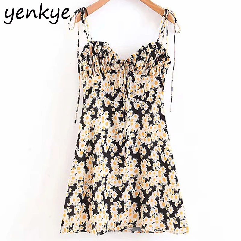 

Summer Women Daisy Print Shoulder Bow Tie Sling Dress Female Sleeveless Strapless Mini Sexy Dress LJPZ8772