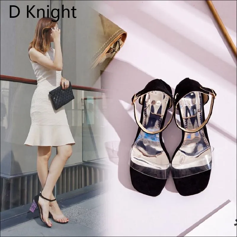 Big Size 52 Women Open Toe Strappy Ankle Strap Yellow Black Sandals Bling Transparent Clear Block Thick High Heel Sequined Shoes (29)