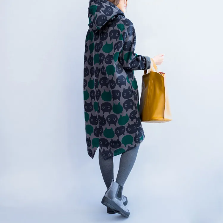 Новая мода осень-зима Для женщин Повседневное мини-платье с принтом Свободные длинным рукавом с капюшоном туника корейский стиль oversize теплое платье