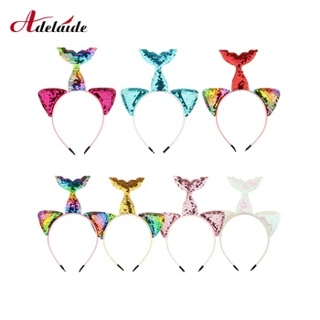 

Headbands Mermaid Party Supplies Colorful Reversible Sequin Ears Mermaid Headband Girls Party Hairband Hair Accessorie 3pcs/lot