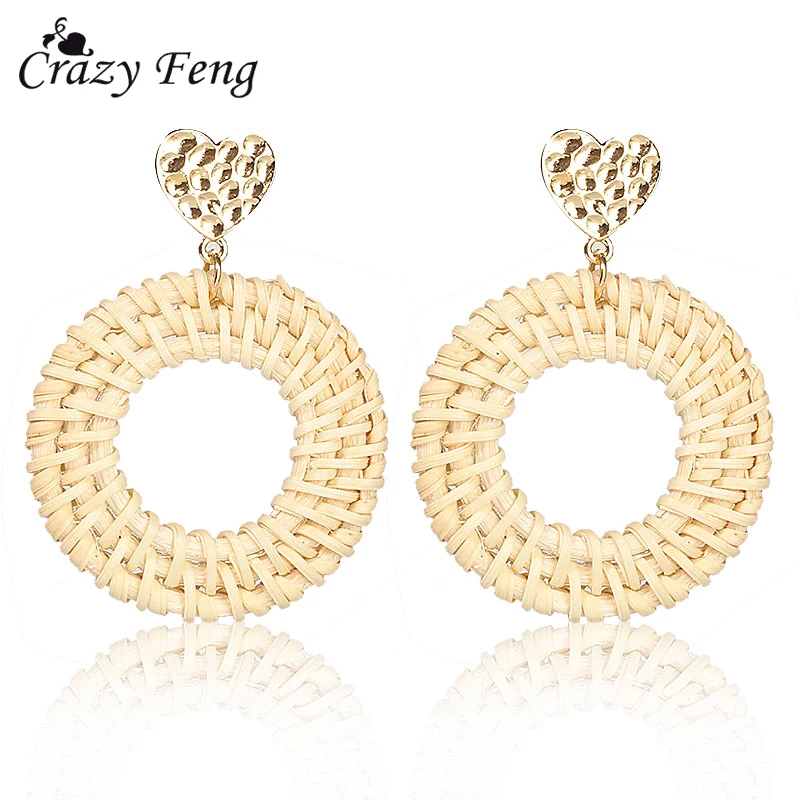 

2018 Fashion Handame Rattan Knit Braied Drop Earrings For Women Boho Metal Heart Love Long Dangle Earring Bohemian Brincos