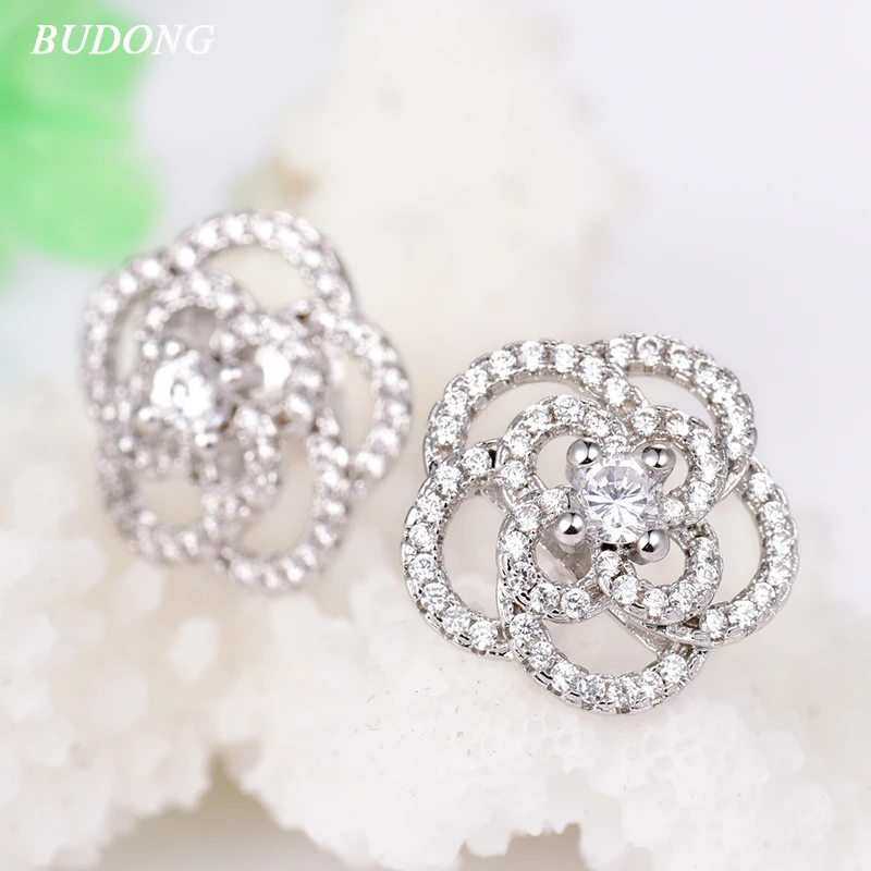 

BUDONG Infinity Stud Earrings for Women White Silver Gold Color Earrings Flower Crystal CZ Casual Wedding Jewelry XUAE055