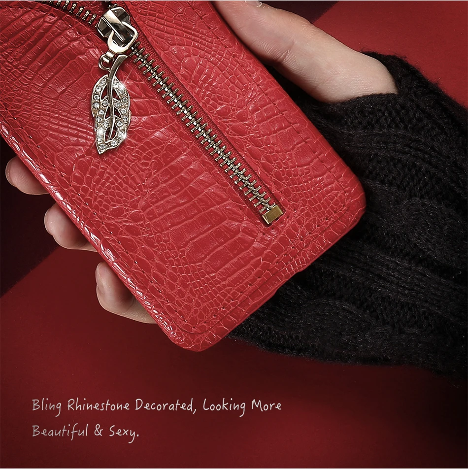 Zipper Leather Case For iPhone 6 6S 7 Plus 5 5S Rhinestone Leaf Crocodile Pattern (5)