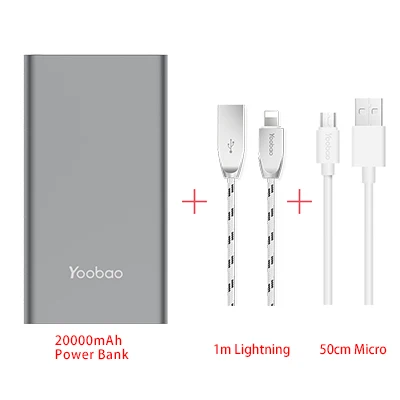 Yoobao A2 внешний аккумулятор 20000 мАч для Xiaomi Mi 2 USB быстрая зарядка портативный повербанк для samsung Galaxy S8 S7 S6 J3 телефон внешний аккумулятор - Цвет: gray add cable