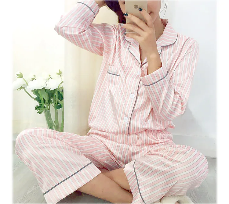 Новинка, Весенняя сексуальная пижама с длинным рукавом из искусственного шелка, модная розовая полоска, женские пижамные комплекты, простая мягкая женская домашняя одежда, пижамный комплект