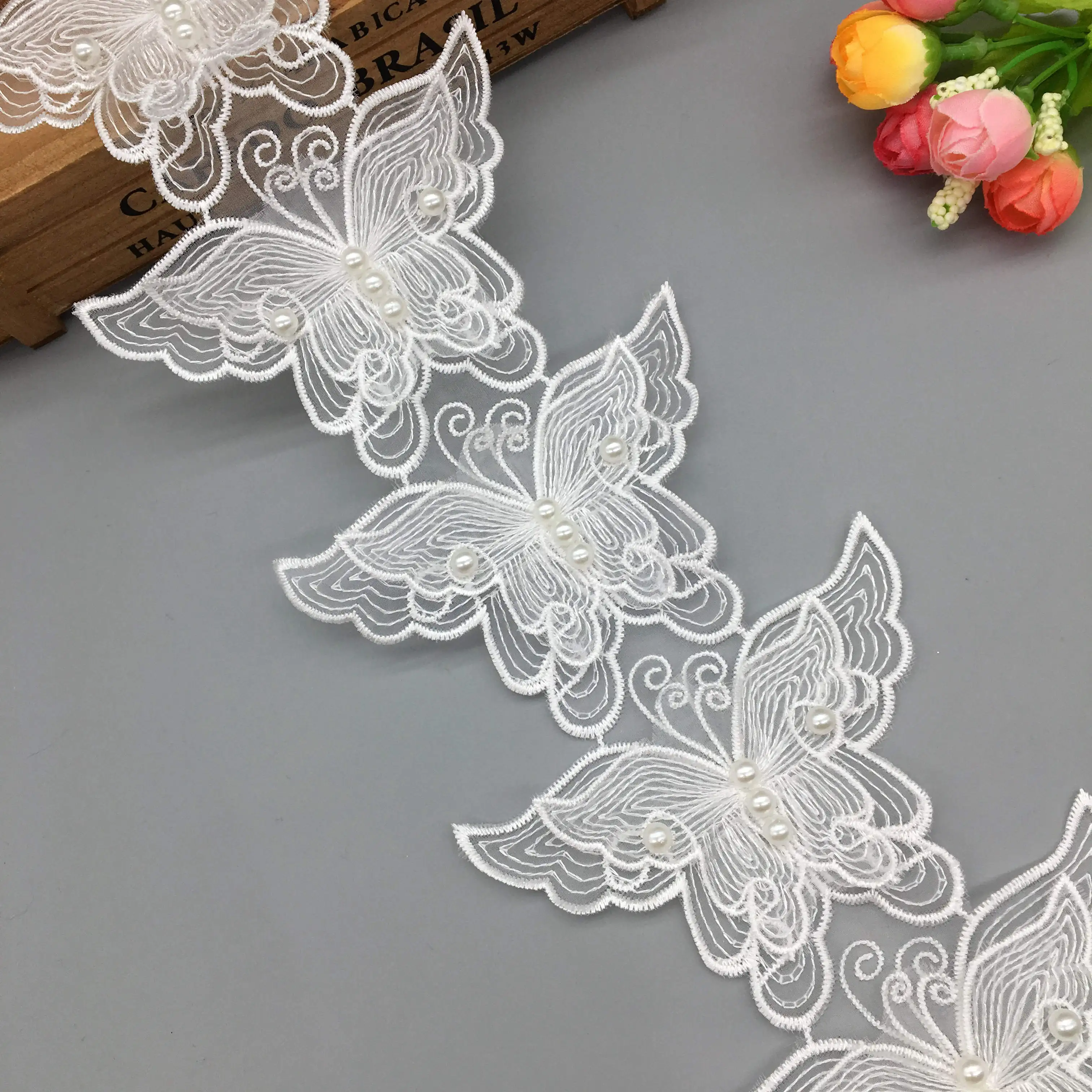 Lace Fabric 5x Latest White Pearl Butterfly Embroidered Trim Ribbon Lady Wedding Dress Handmade DIY Sewing Supplies Craft