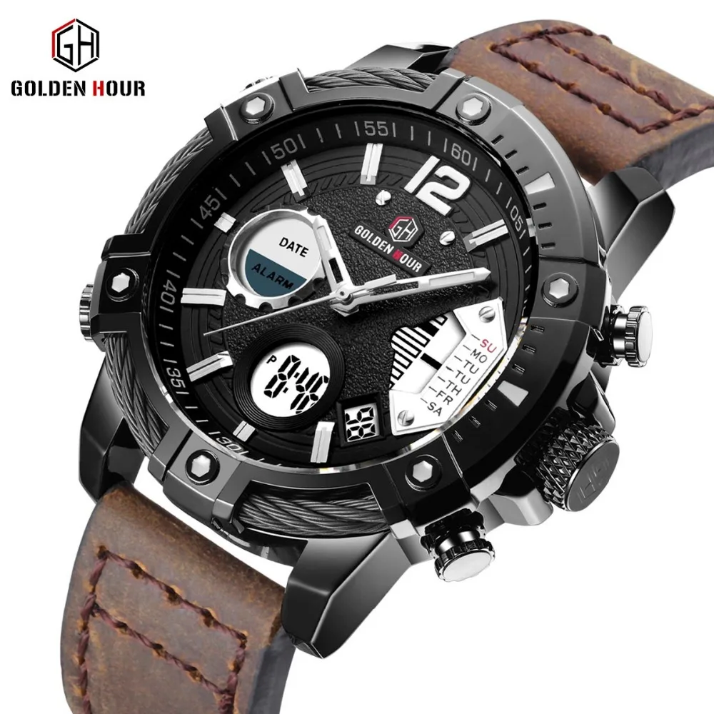 GOLDEN HOURS Military Quartz Dual Time Men Watch Alarm Multifunction
