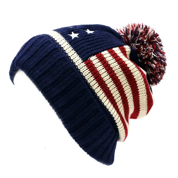 Зимняя вязаная шапка в винтажном стиле со звездами и полосками|pom pom hat|pom hatsflag beanie |