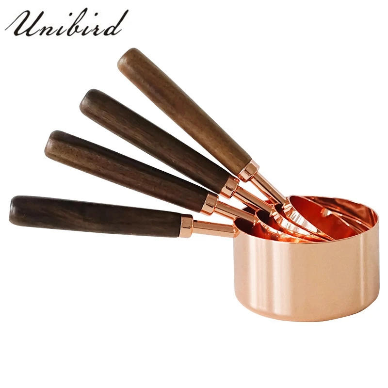 

Unibird 4Pcs/Set Rose Gold Coffee Measuring Spoons with Wooden Handle Baking Scale Spoon Stainless Steel Quantitative Spoon Cup