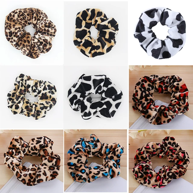 AWAYTR 2Pcs Soft Animal Leopard Velvet Hair Scrunchie Ponytail Loop Holder Stretchy Elastic Hair band for women Hair Accessories