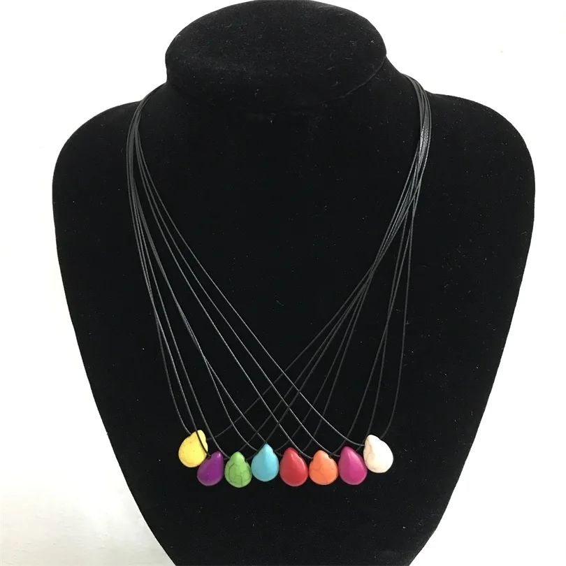 Natural Howlite Pendant Necklace Black Leather Women Tiny Teal Teardrop