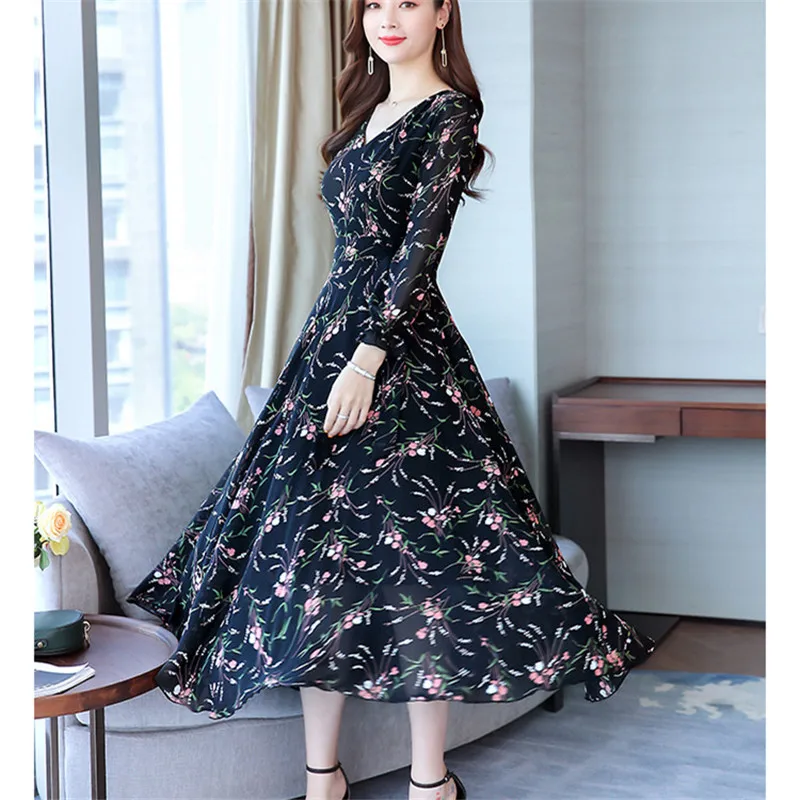 

Bow Chiffon Floral Print Mujer High Waist New 2019 Women Fashion V Neck Plus Size Autumn Elegant A-line Casual Office Dress