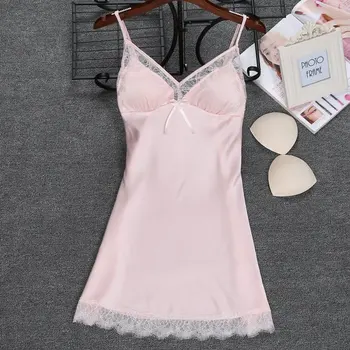 

Women Silk Nightgown Sexy Lace Nightgowns Plus Size Sleeping Dress with Chest Pads Ladies Summer Lingerie Sleepwear V Neck 49