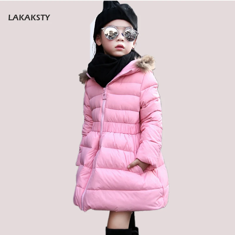 

LAKAKSTY Winter Kids Girls Duck Down Coat Pink Red Black Fashion Long Style Waist Jacket Children Outerwear Hooded Warm Clothes
