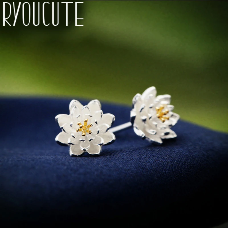 

RYOUCUTE 100% Real 925 Sterling Silver Jewelry Big Lotus Flower Earrings for Women Bijoux Statement Earring Brincos Pendientes